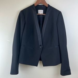 LOFT Tailored Black Collarless Satin Trim Suit Style Blazer Jacket Size 4